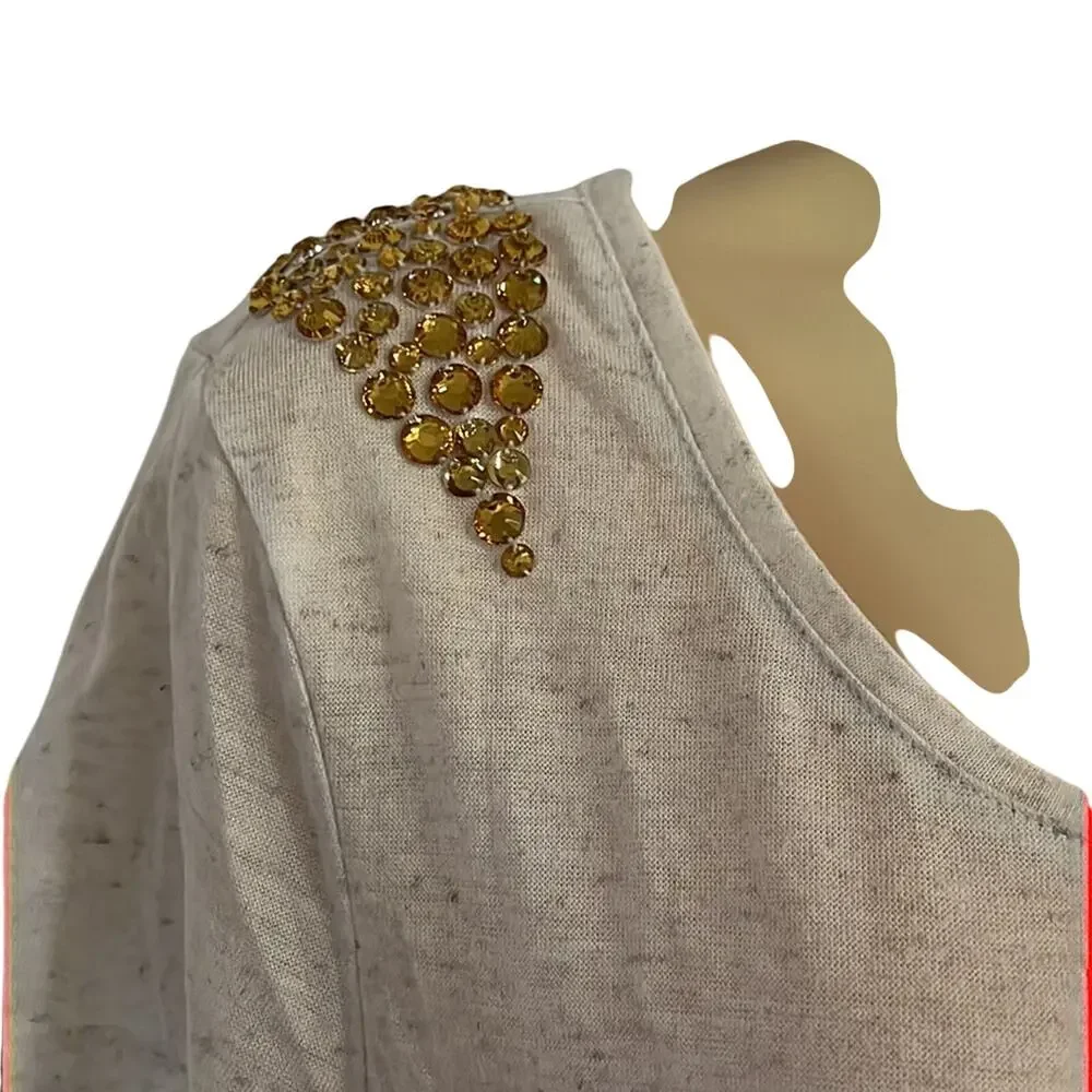 H&M Beige Oatmeal Fleck Knit Top wi Jewel Embellishments Woman Size Medium Y2K - Picture 3 of 9